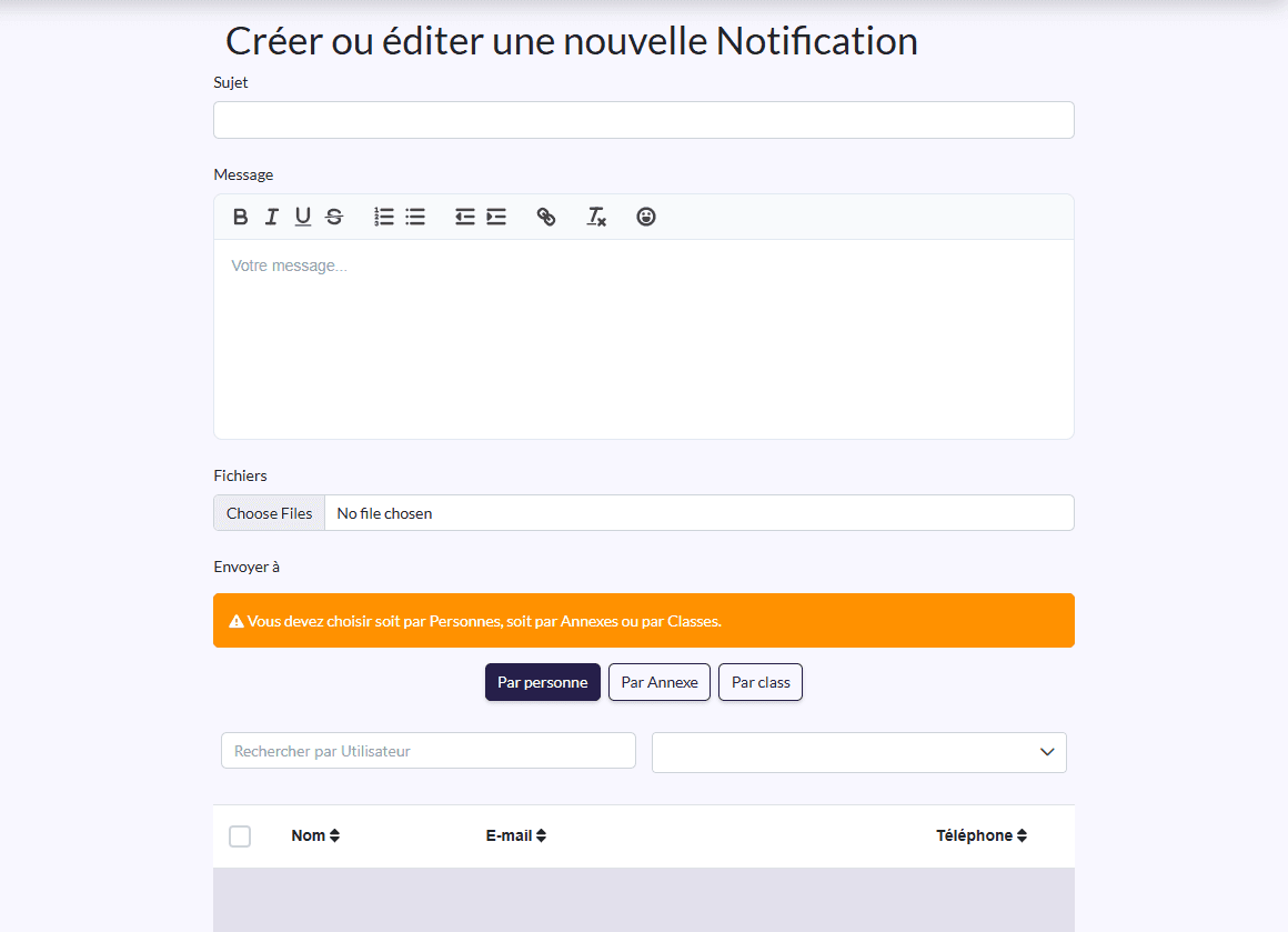 Formulaire de notification : Sujet, Message, Fichiers, Envoyer à