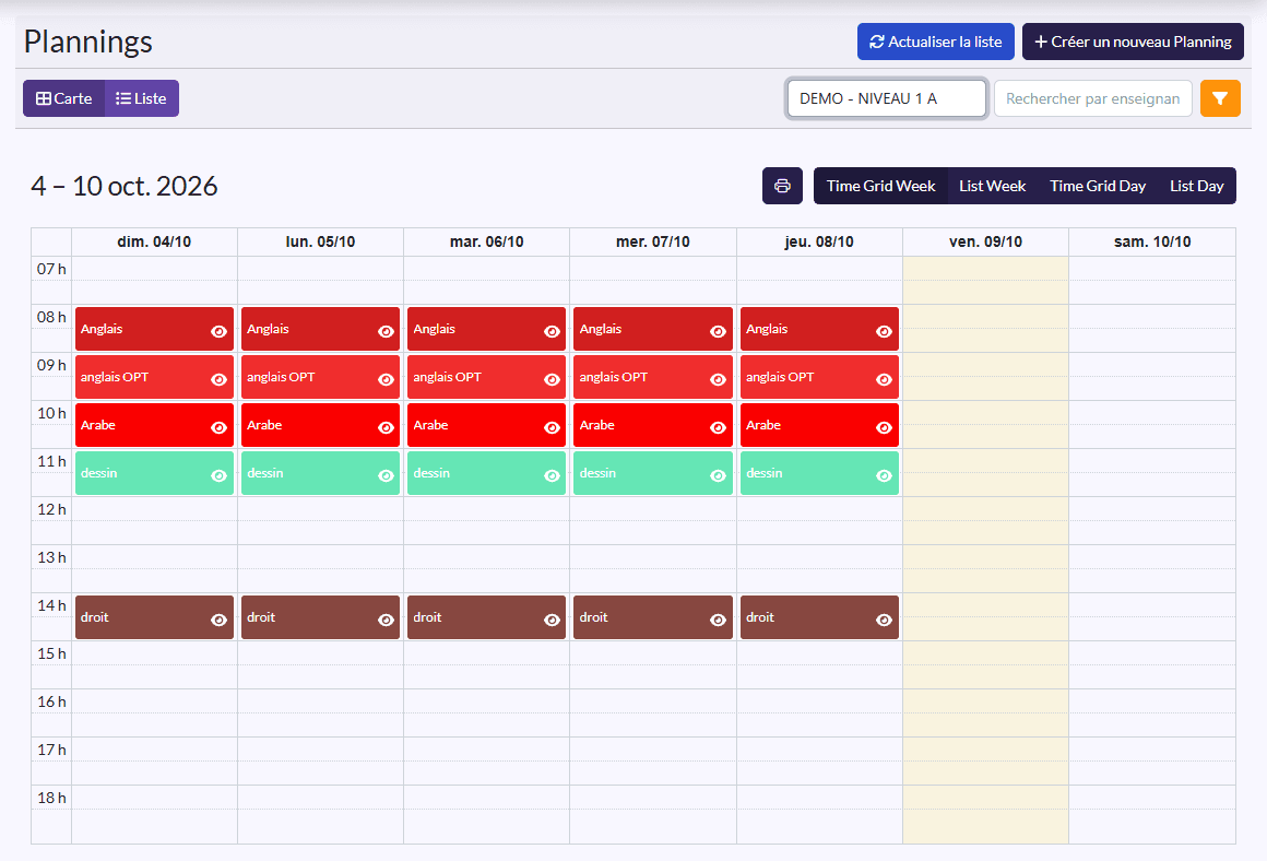Planning en vue calendrier : la semaine d'une classe, un bloc coloré par cours