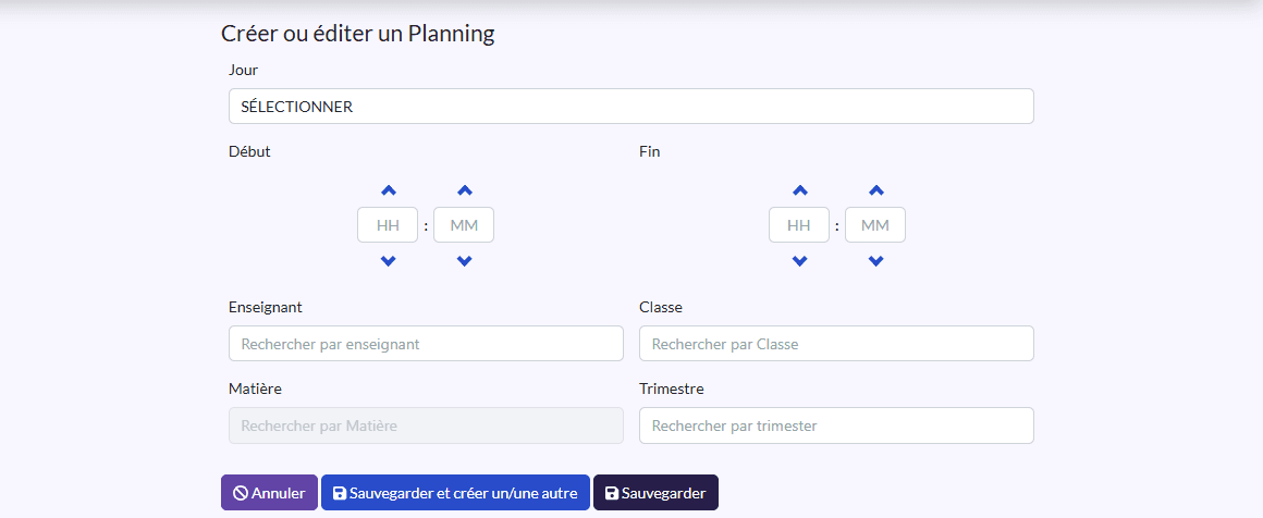 Formulaire « Créer ou éditer un Planning »