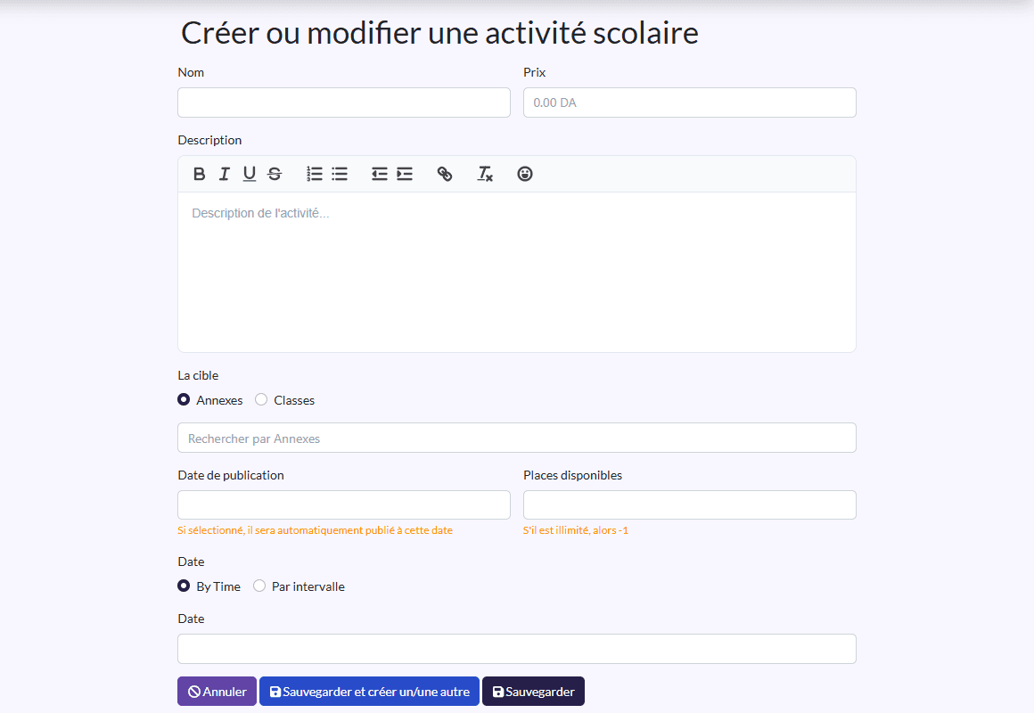 Formulaire d'activité : Nom, Prix, Description, La cible, Date de publication, Places disponibles, Date