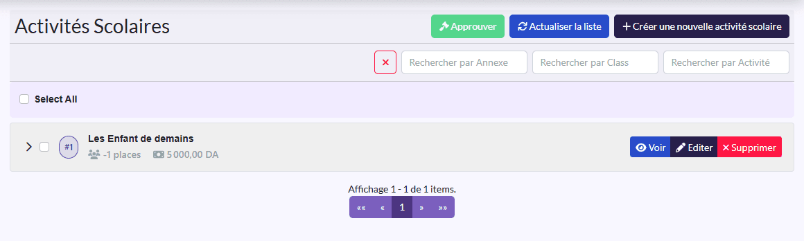 « Activités Scolaires » : liste en accordéon avec Select All