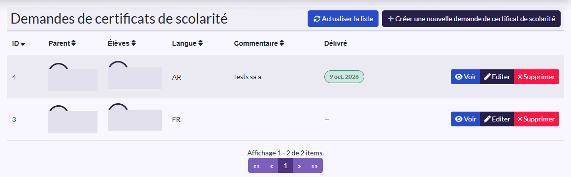 Liste « Demandes de certificats de scolarité » : Parent, Élèves, Langue, Commentaire, Délivré