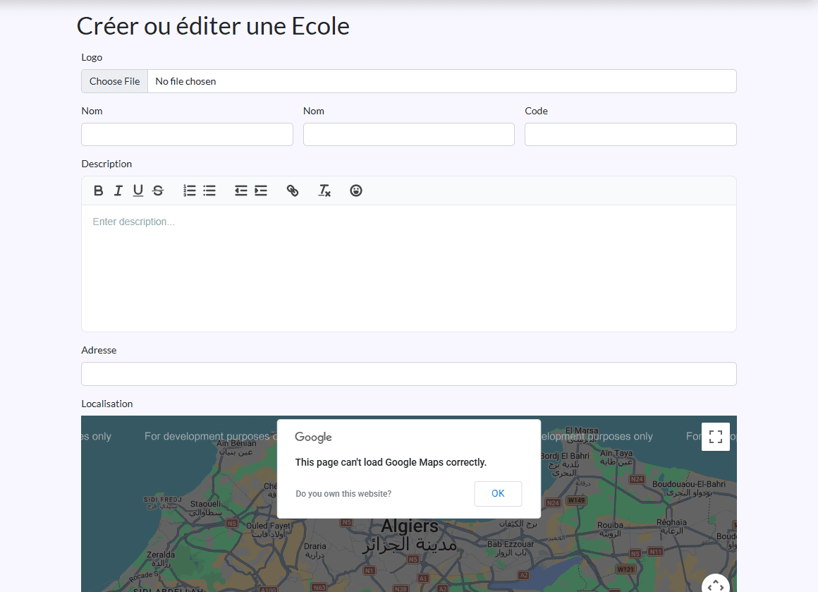Formulaire « Créer ou éditer une Ecole » : Logo, Nom, Code, Description, Adresse, Localisation