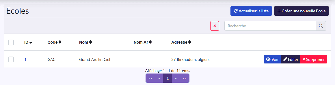 Liste « Ecoles » : Code, Nom, Nom Ar, Adresse