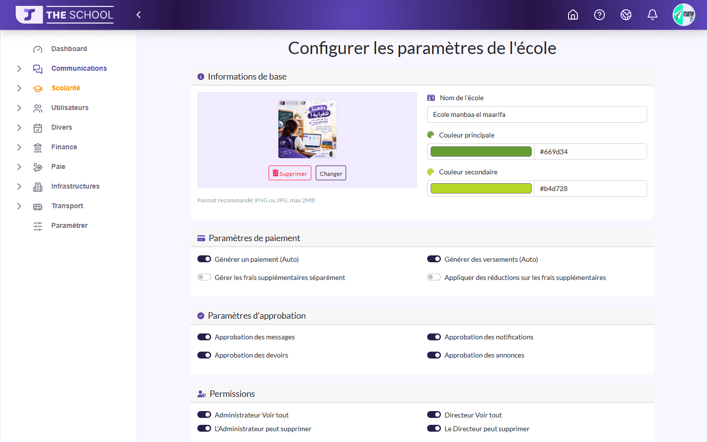 Formulaire « Configurer les paramètres de l'école »