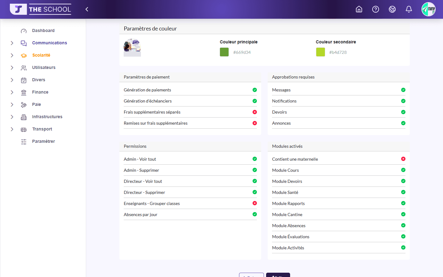 Paramétrer : Paramètres de couleur, Paramètres de paiement, Approbations requises, Permissions, Modules activés