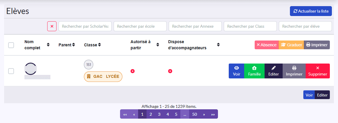 Liste « Elèves » : Nom complet, Parent, Classe, Autorisé à partir, Dispose d'accompagnateurs