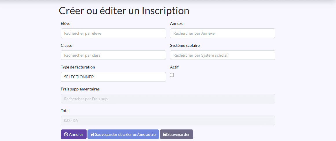 Formulaire d'inscription : Elève, Annexe, Classe, Système scolaire, Type de facturation, Frais supplémentaires, Total