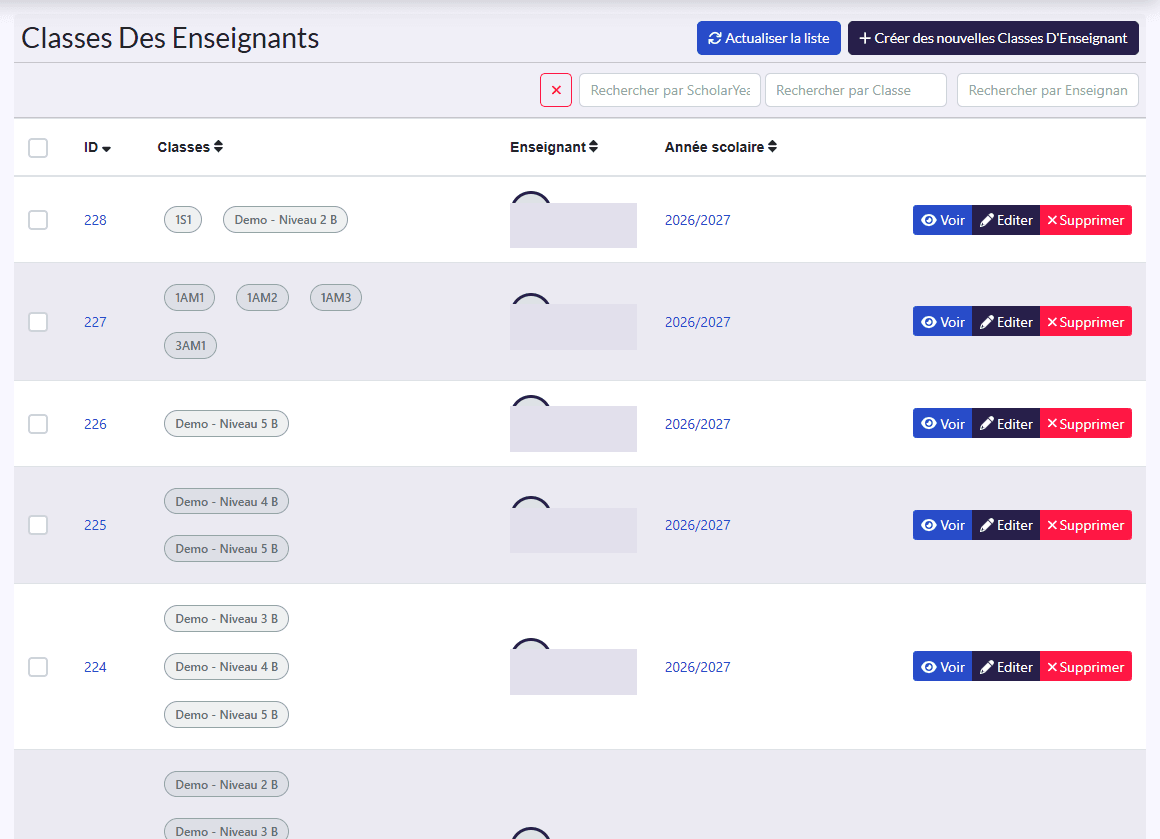 « Classes Des Enseignants » : Classes, Enseignant, Année scolaire