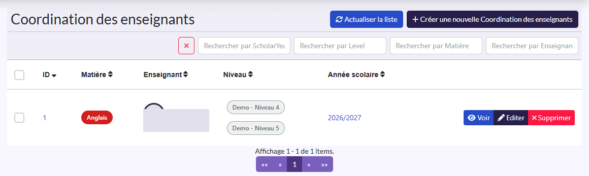 « Coordination des enseignants » : Matière, Enseignant, Niveau, Année scolaire
