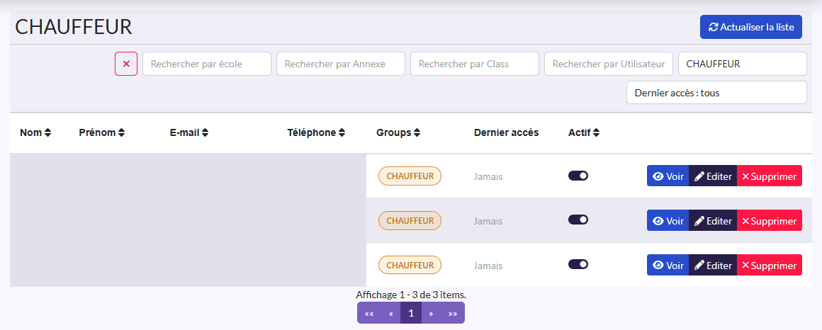 Liste « CHAUFFEUR » : Nom, Prénom, E-mail, Téléphone, Groups, Dernier accès, Actif