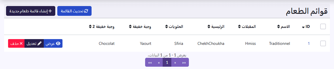 «قوائم الطعام»: الاسم، المقبلات، الرئيسية، الحلويات، وجبة خفيفة، وجبة خفيفة 2