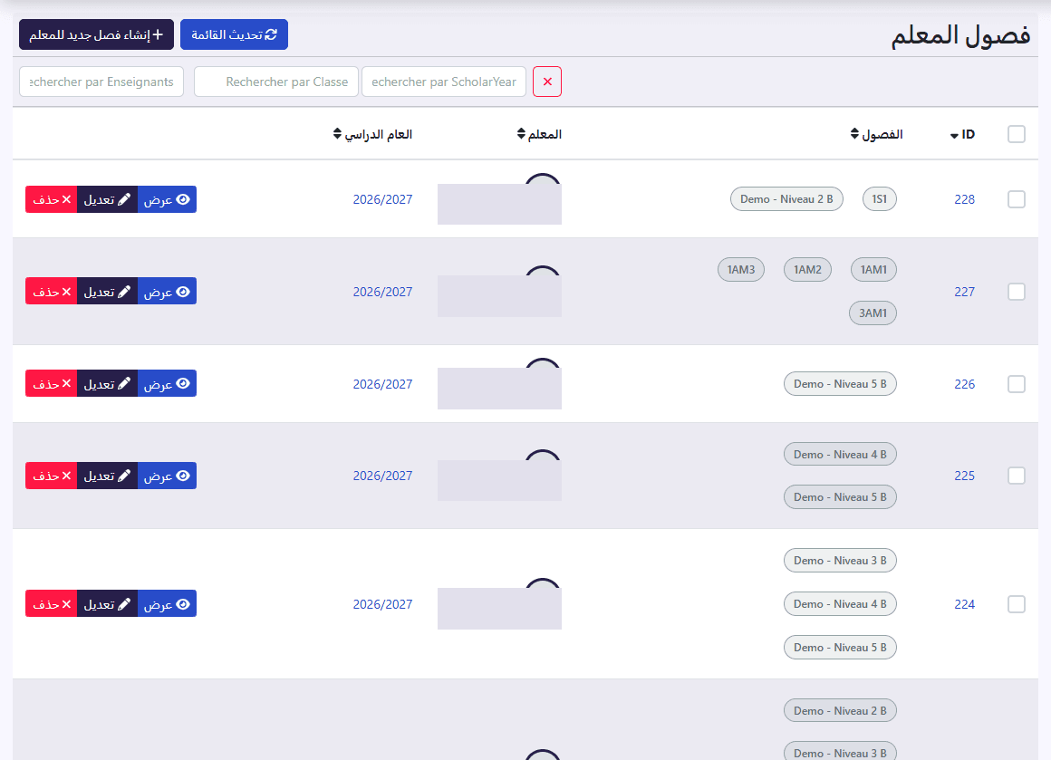 فصول المعلم: الفصول، المعلم، العام الدراسي