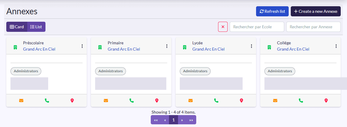Annexes in card view: one card per annexe with director and administrators