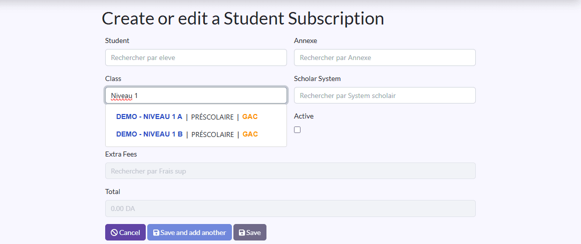 Class field: suggestions with the class, annexe and school code in colour