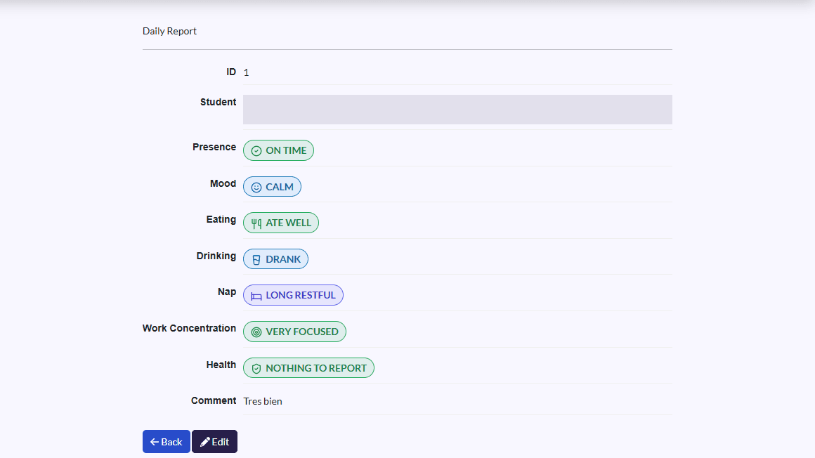 A daily report's page: one badge with an icon per item