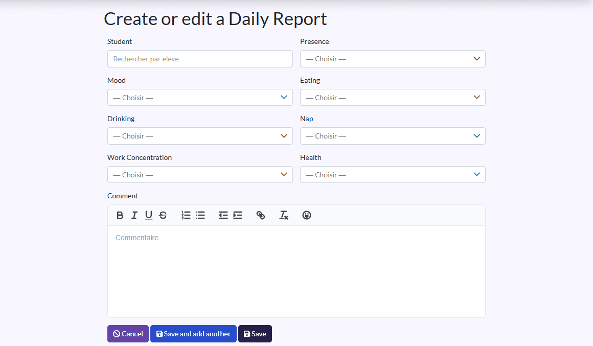Daily report form with the drop-down lists and the comment
