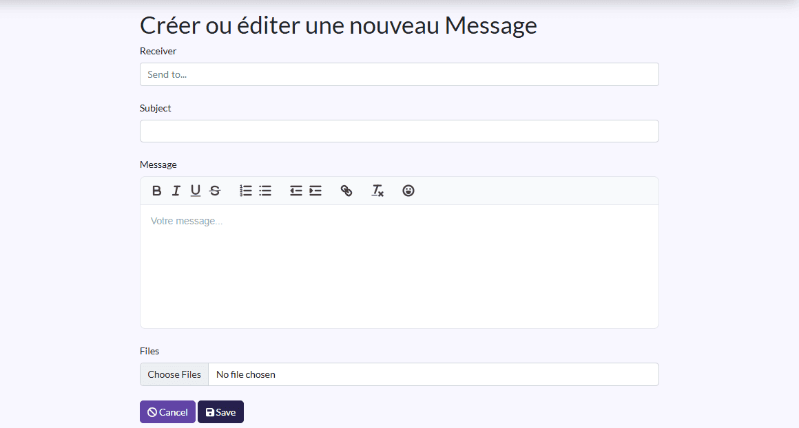 Message form: Role, Class, Receiver, Subject, Message, Files
