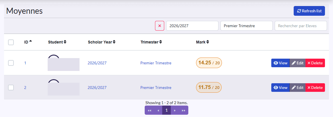 “Moyennes” list: Student, Scholar Year, Trimester, Mark