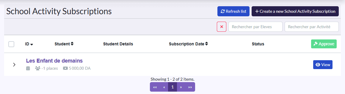 “School Activity Subscriptions”: Student, Student Details, Subscription Date, Status