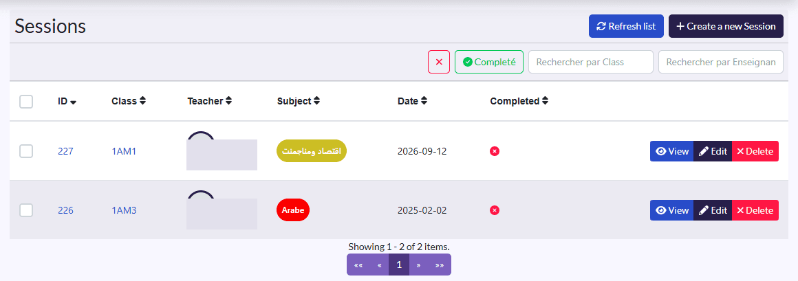 “Sessions” list: Class, Teacher, Subject, Date, Completed columns