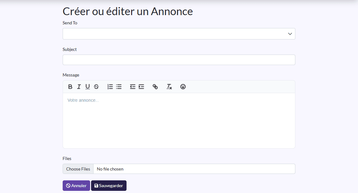 Formulaire d'annonce : Send To, Subject, Message, Files