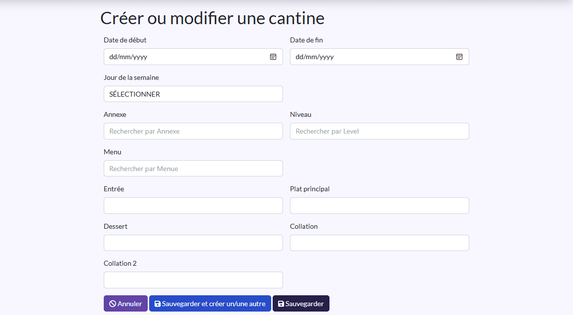 Formulaire « Créer ou modifier une cantine »