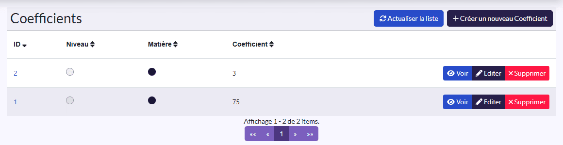 Liste « Coefficients » : Niveau, Matière, Coefficient