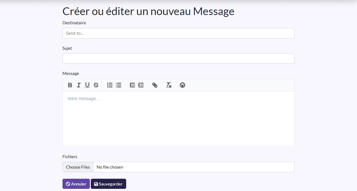 Formulaire de message : Role, Classe, Destinataire, Sujet, Message, Fichiers