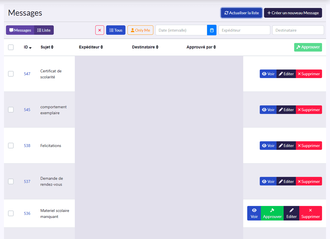 Messages en vue liste : Sujet, Expéditeur, Destinataire, Approuvé par