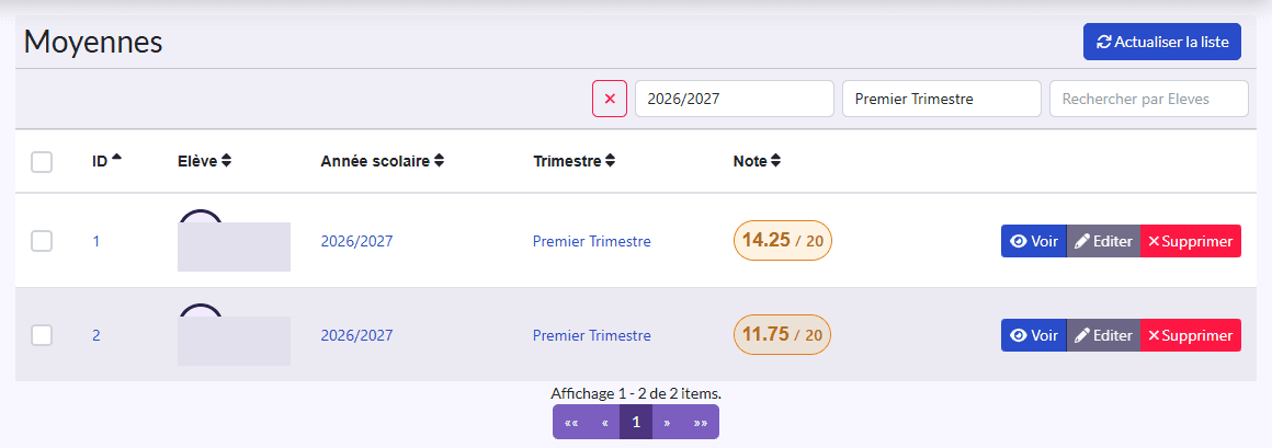 Liste « Moyennes » : Elève, Année scolaire, Trimestre, Note
