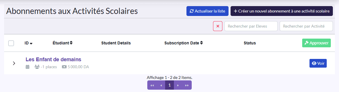 « Abonnements aux Activités Scolaires » : Étudiant, Student Details, Subscription Date, Status